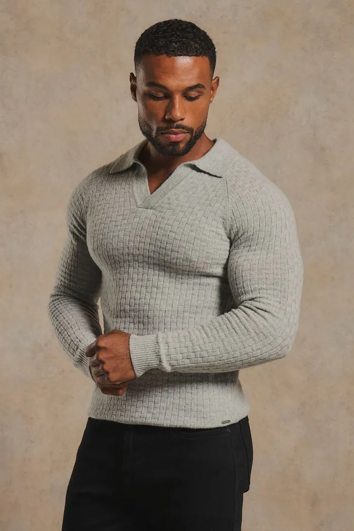 Merino Wool Textured Open Collar Polo Shirt in Soft Grey